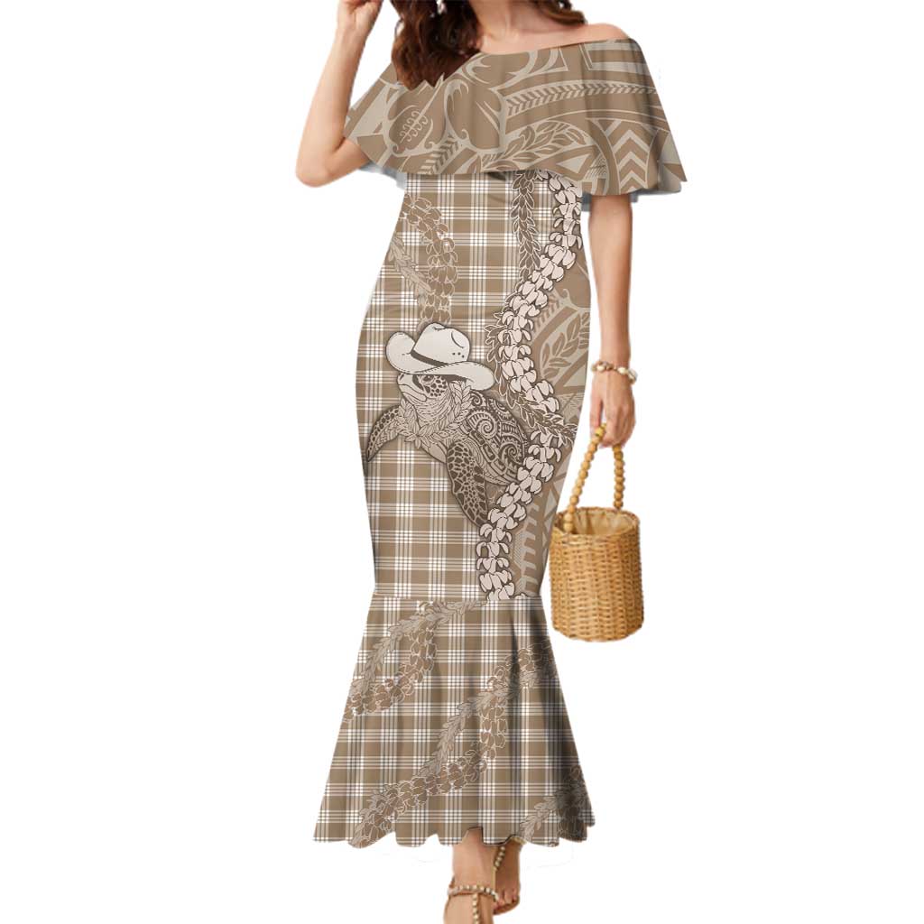 Beige Hawaii Palaka Cowboy Turtle Family Matching Mermaid Dress and Hawaiian Shirt Hawaiian Paniolo Puakenikeni Maile Lei - Polynesian Pride