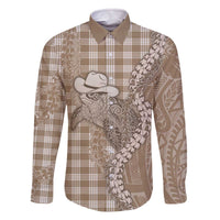 Beige Hawaii Palaka Cowboy Turtle Family Matching Off The Shoulder Long Sleeve Dress and Hawaiian Shirt Hawaiian Paniolo Puakenikeni Maile Lei - Polynesian Pride