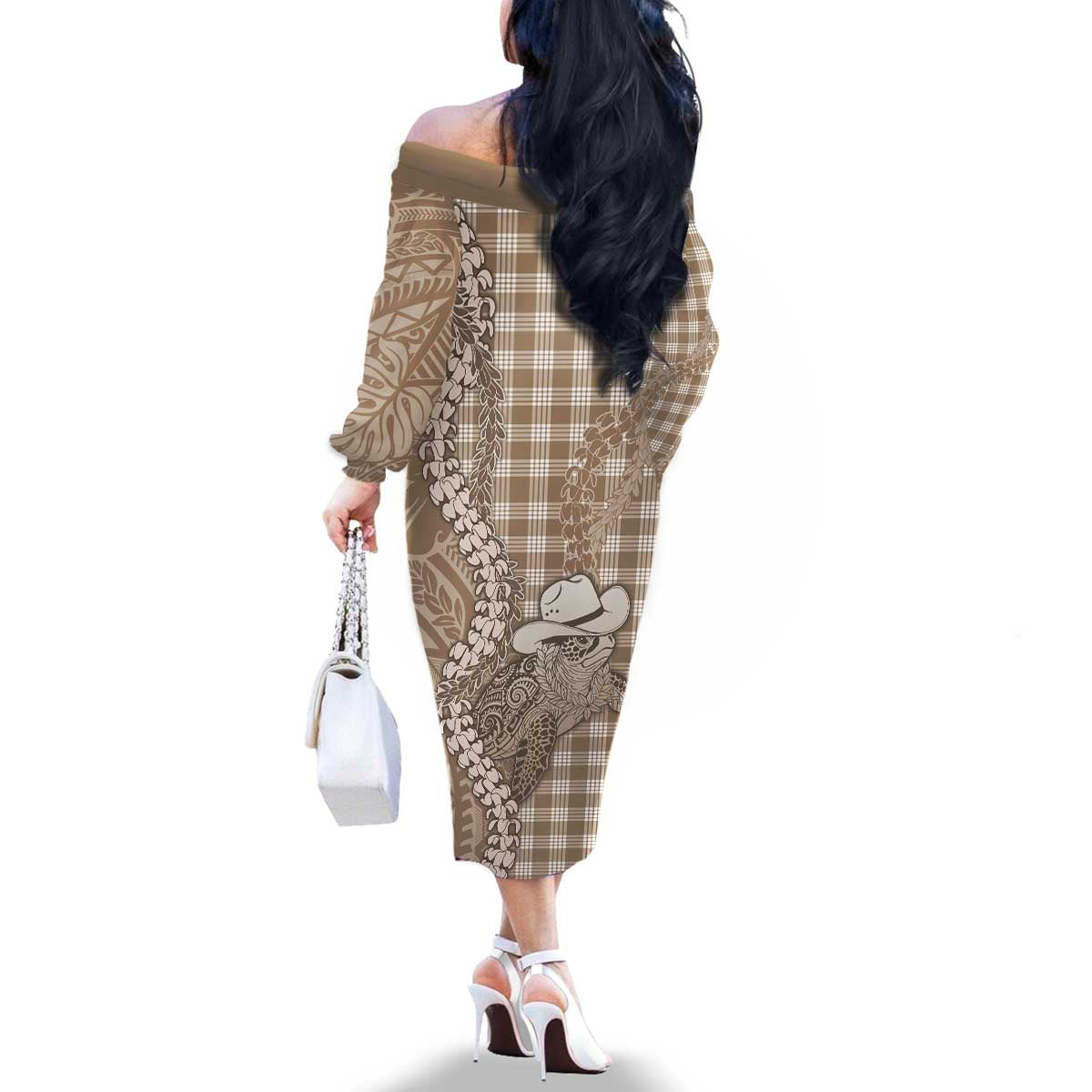 Beige Hawaii Palaka Cowboy Turtle Family Matching Off The Shoulder Long Sleeve Dress and Hawaiian Shirt Hawaiian Paniolo Puakenikeni Maile Lei - Polynesian Pride