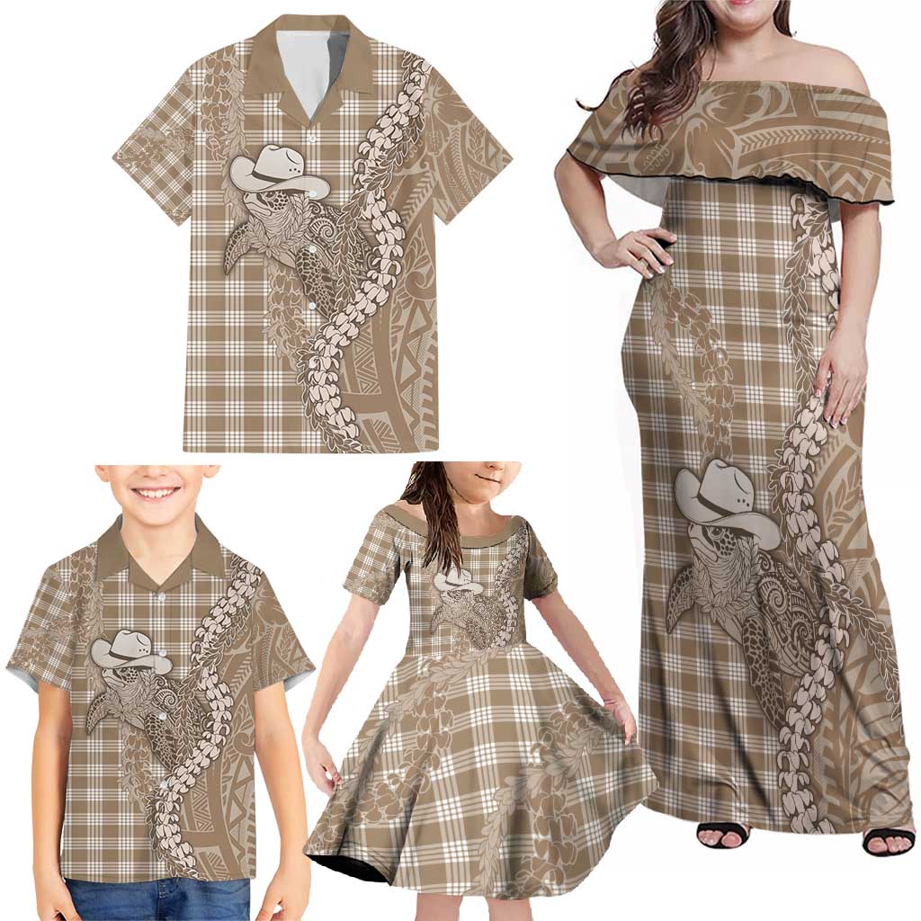 Beige Hawaii Palaka Cowboy Turtle Family Matching Off Shoulder Maxi Dress and Hawaiian Shirt Hawaiian Paniolo Puakenikeni Maile Lei - Polynesian Pride