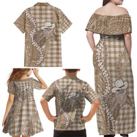 Beige Hawaii Palaka Cowboy Turtle Family Matching Off Shoulder Maxi Dress and Hawaiian Shirt Hawaiian Paniolo Puakenikeni Maile Lei - Polynesian Pride