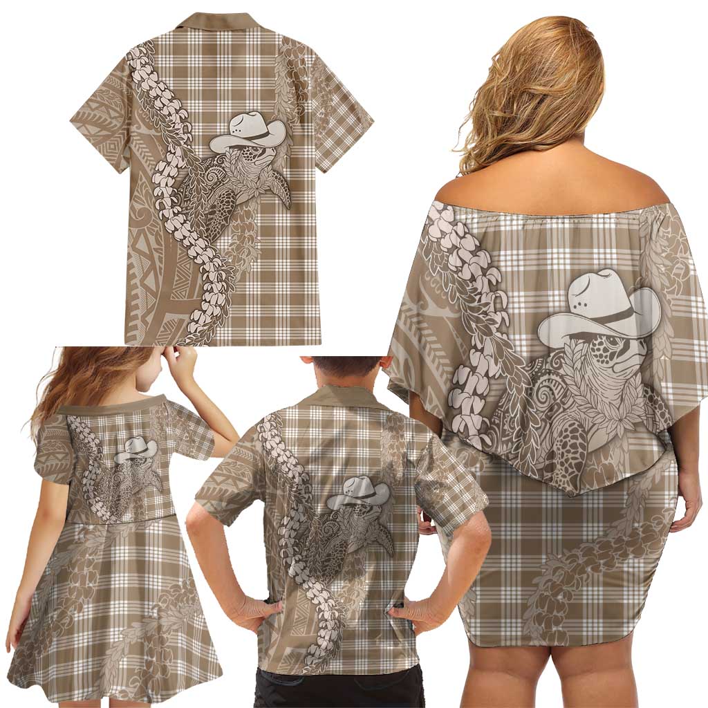 Beige Hawaii Palaka Cowboy Turtle Family Matching Off Shoulder Short Dress and Hawaiian Shirt Hawaiian Paniolo Puakenikeni Maile Lei - Polynesian Pride