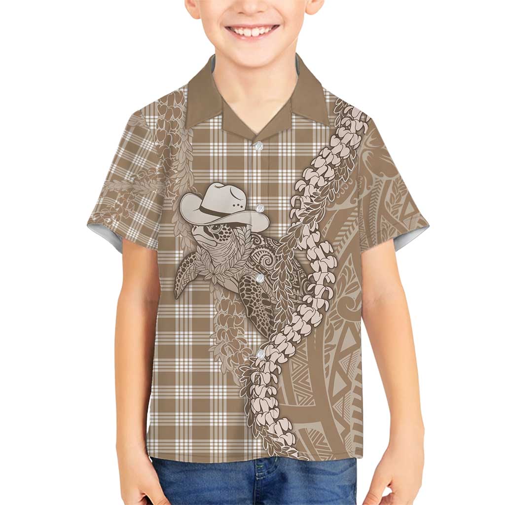 Beige Hawaii Palaka Cowboy Turtle Family Matching Puletasi and Hawaiian Shirt Hawaiian Paniolo Puakenikeni Maile Lei - Polynesian Pride