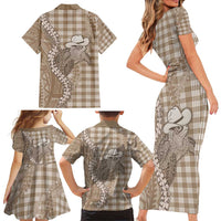 Beige Hawaii Palaka Cowboy Turtle Family Matching Short Sleeve Bodycon Dress and Hawaiian Shirt Hawaiian Paniolo Puakenikeni Maile Lei - Polynesian Pride