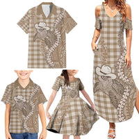 Beige Hawaii Palaka Cowboy Turtle Family Matching Summer Maxi Dress and Hawaiian Shirt Hawaiian Paniolo Puakenikeni Maile Lei - Polynesian Pride