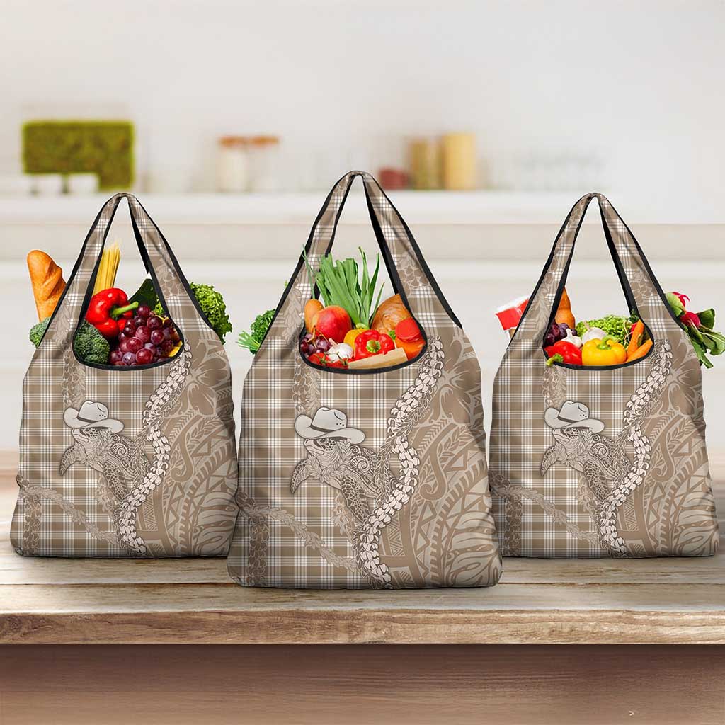 Beige Hawaii Palaka Cowboy Turtle Grocery Bag Hawaiian Paniolo Puakenikeni Maile Lei - Polynesian Pride