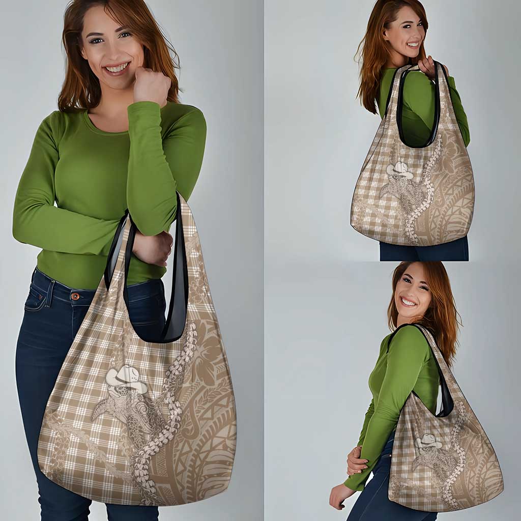 Beige Hawaii Palaka Cowboy Turtle Grocery Bag Hawaiian Paniolo Puakenikeni Maile Lei - Polynesian Pride