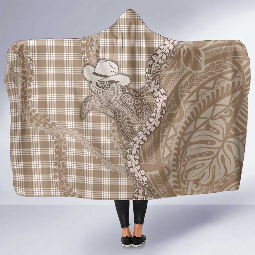 Beige Hawaii Palaka Cowboy Turtle Hooded Blanket Hawaiian Paniolo Puakenikeni Maile Lei - Polynesian Pride