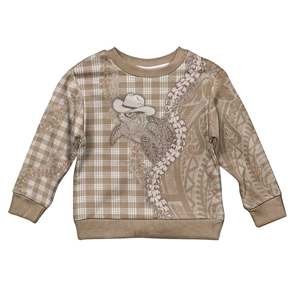 Beige Hawaii Palaka Cowboy Turtle Kid Ugly Christmas Sweater Hawaiian Paniolo Puakenikeni Maile Lei - Polynesian Pride
