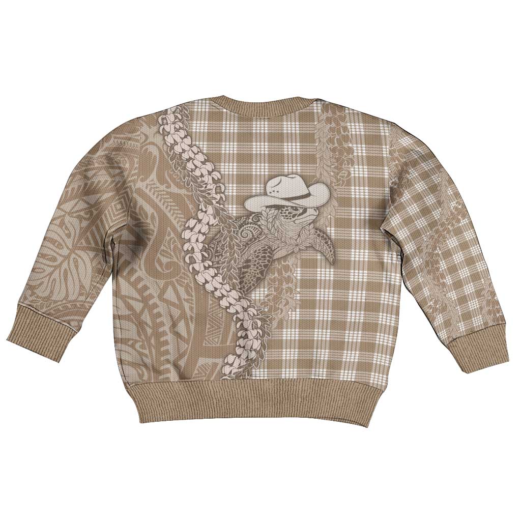 Beige Hawaii Palaka Cowboy Turtle Kid Ugly Christmas Sweater Hawaiian Paniolo Puakenikeni Maile Lei - Polynesian Pride