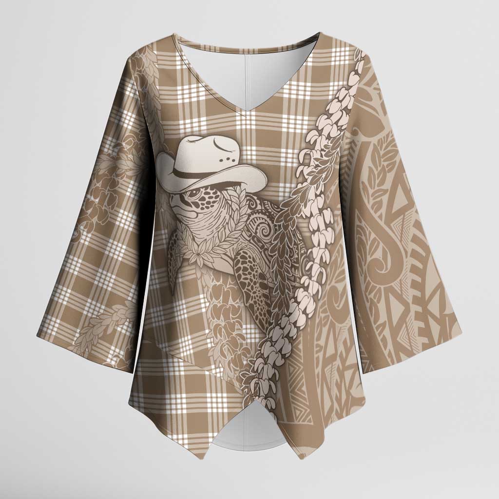 Beige Hawaii Palaka Cowboy Turtle Kimono Sleeve Blouse Hawaiian Paniolo Puakenikeni Maile Lei - Polynesian Pride