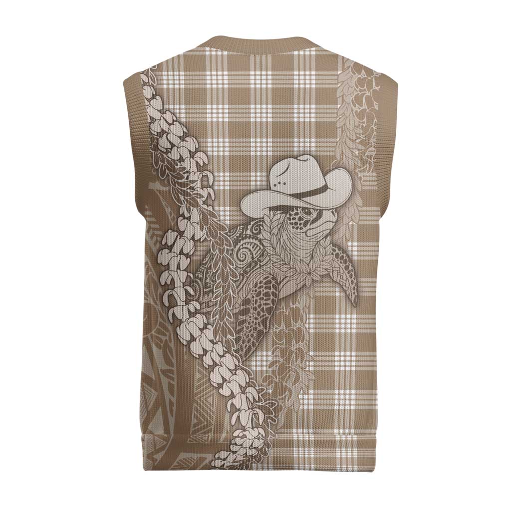Beige Hawaii Palaka Cowboy Turtle Christmas Knitted V-Neck Vest Hawaiian Paniolo Puakenikeni Maile Lei - Polynesian Pride