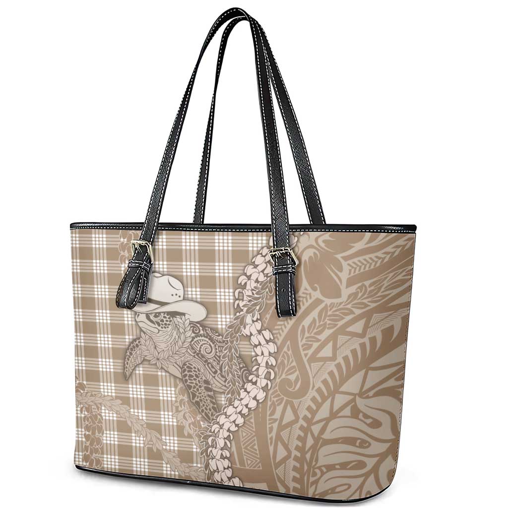 Beige Hawaii Palaka Cowboy Turtle Leather Tote Bag Hawaiian Paniolo Puakenikeni Maile Lei - Polynesian Pride