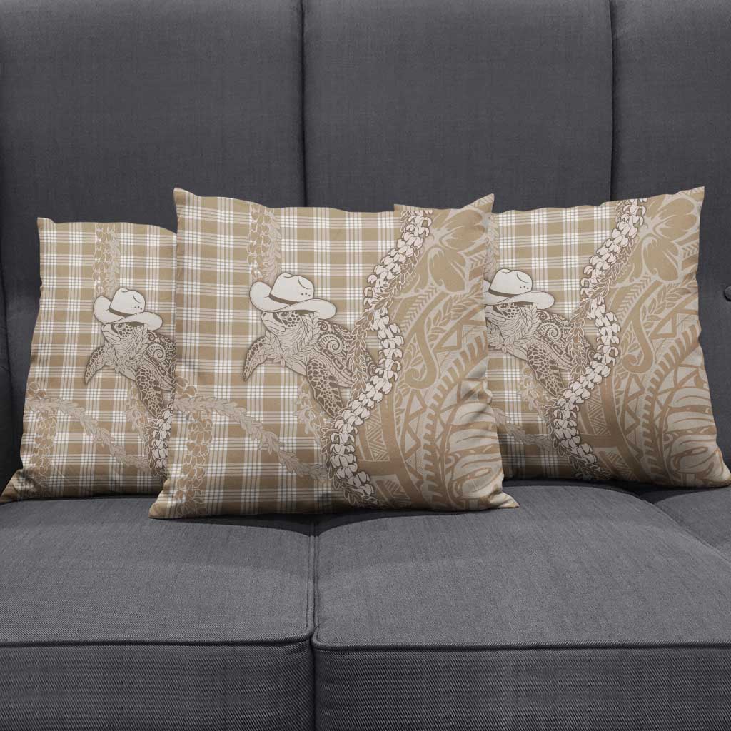 Beige Hawaii Palaka Cowboy Turtle Pillow Cover Hawaiian Paniolo Puakenikeni Maile Lei - Polynesian Pride