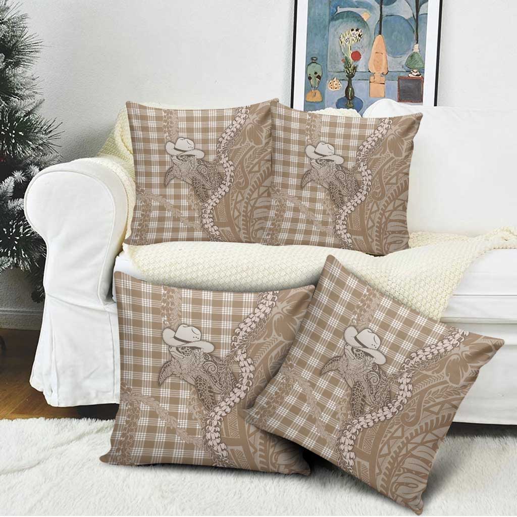 Beige Hawaii Palaka Cowboy Turtle Pillow Cover Hawaiian Paniolo Puakenikeni Maile Lei - Polynesian Pride