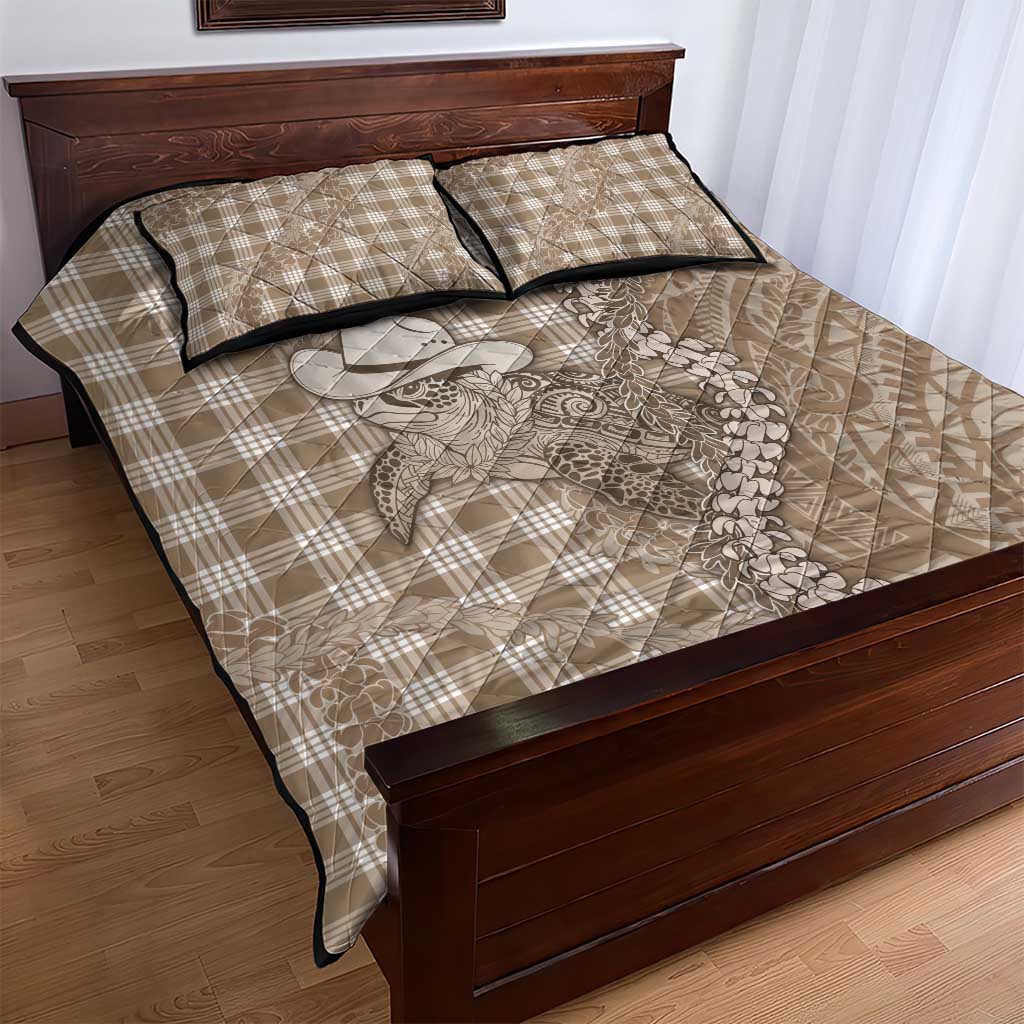 Beige Hawaii Palaka Cowboy Turtle Quilt Bed Set Hawaiian Paniolo Puakenikeni Maile Lei - Polynesian Pride