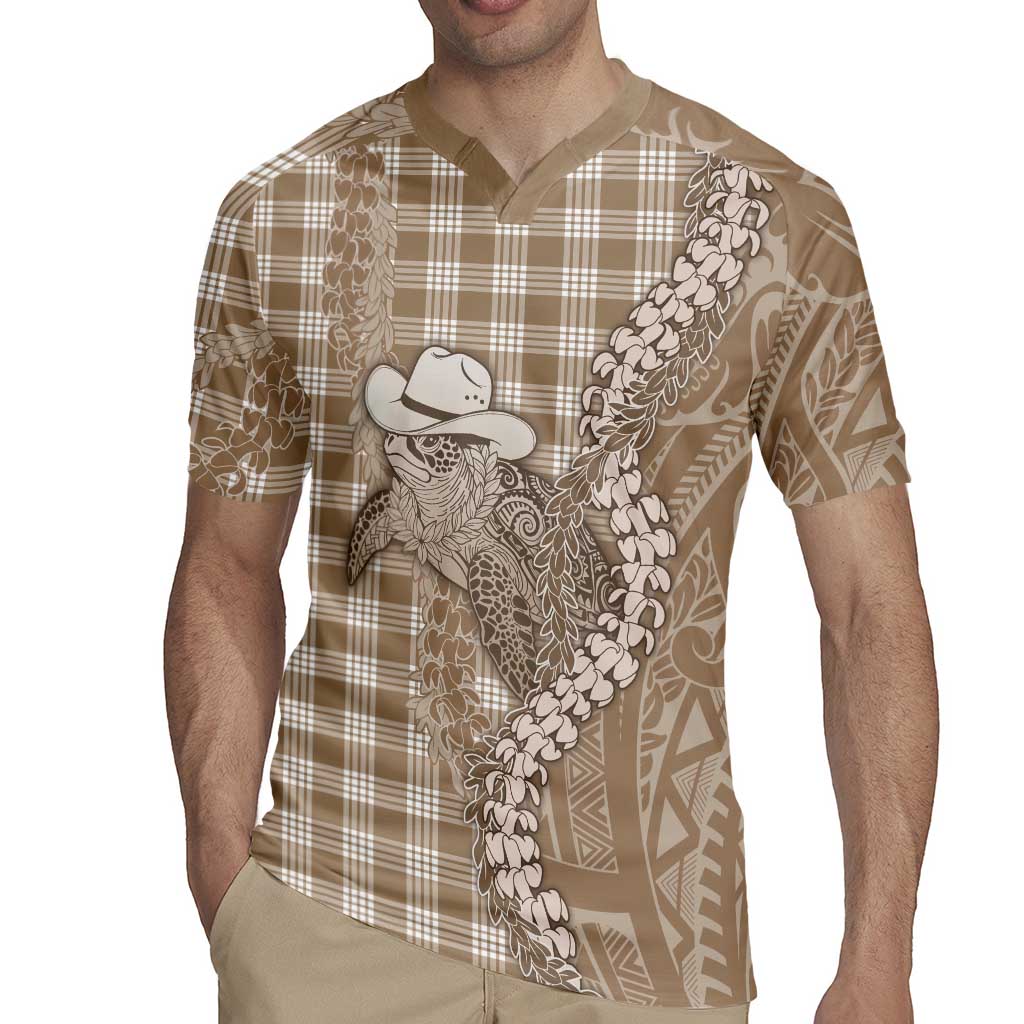 Beige Hawaii Palaka Cowboy Turtle Rugby Jersey Hawaiian Paniolo Puakenikeni Maile Lei - Polynesian Pride
