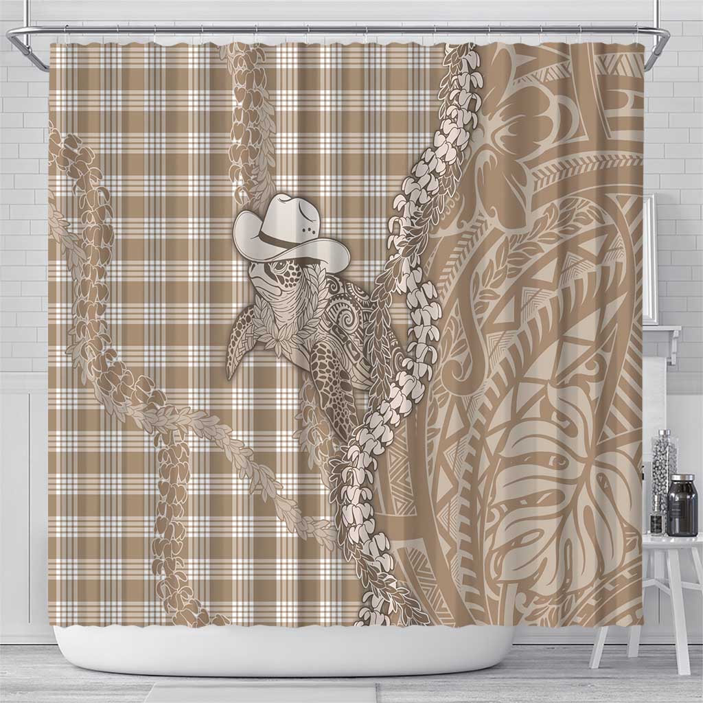 Beige Hawaii Palaka Cowboy Turtle Shower Curtain Hawaiian Paniolo Puakenikeni Maile Lei - Polynesian Pride