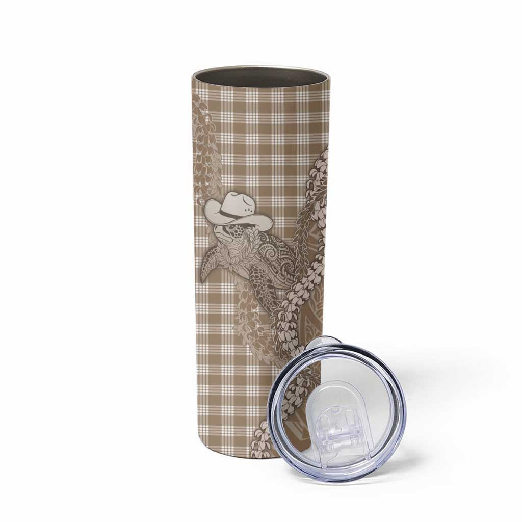 Beige Hawaii Palaka Cowboy Turtle Skinny Tumbler Hawaiian Paniolo Puakenikeni Maile Lei - Polynesian Pride