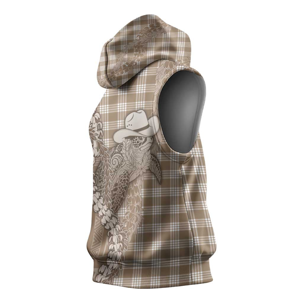 Beige Hawaii Palaka Cowboy Turtle Sleeveless Hoodie Hawaiian Paniolo Puakenikeni Maile Lei - Polynesian Pride