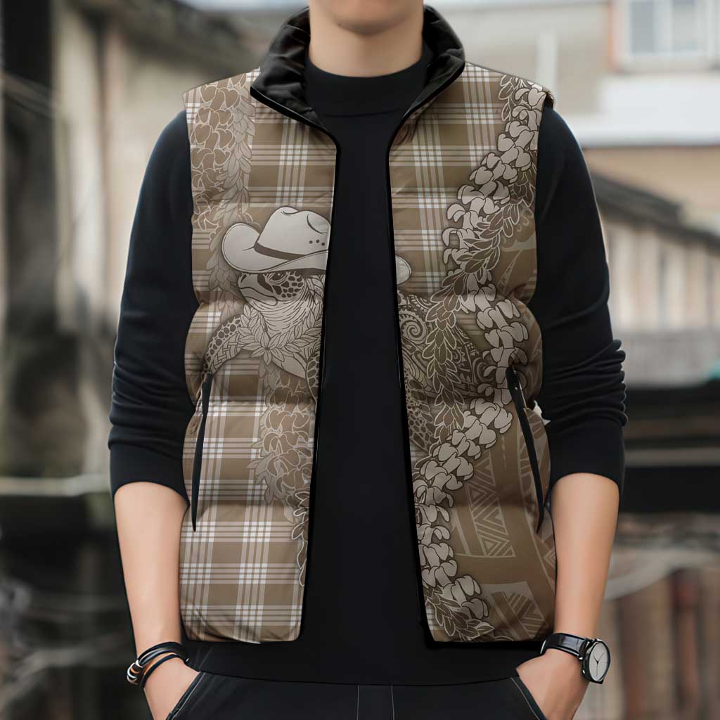 Beige Hawaii Palaka Cowboy Turtle Sleeveless Puffer Jacket Hawaiian Paniolo Puakenikeni Maile Lei - Polynesian Pride