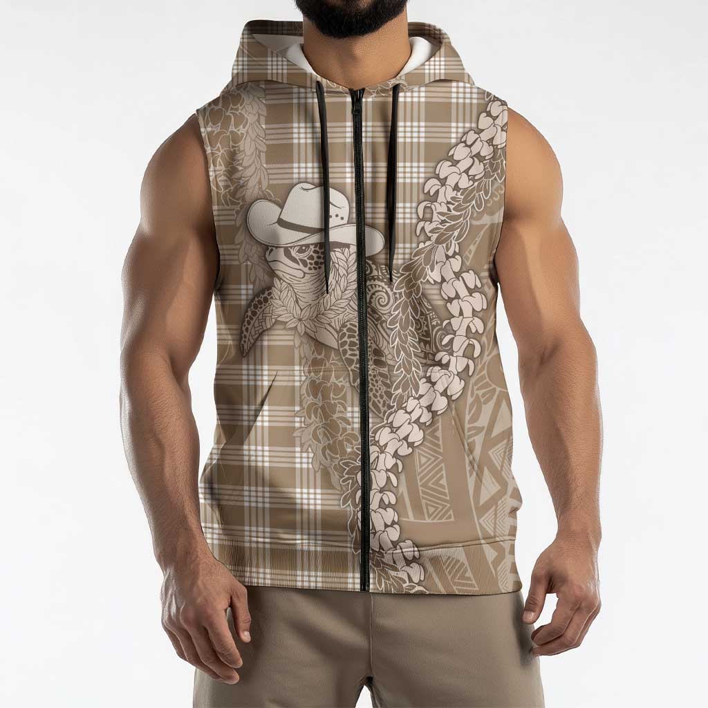 Beige Hawaii Palaka Cowboy Turtle Sleeveless Zip Hoodie Hawaiian Paniolo Puakenikeni Maile Lei DT05