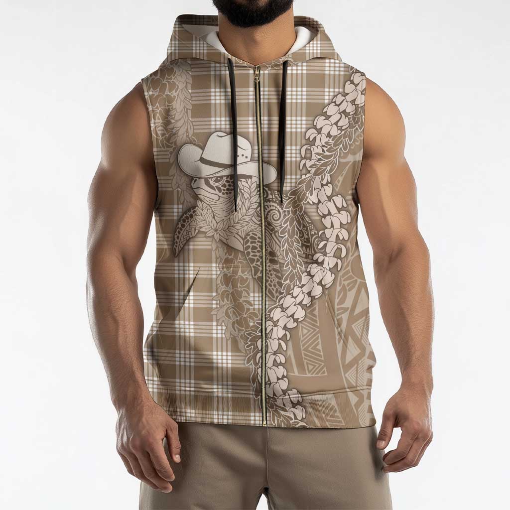 Beige Hawaii Palaka Cowboy Turtle Sleeveless Zip Hoodie Hawaiian Paniolo Puakenikeni Maile Lei - Polynesian Pride