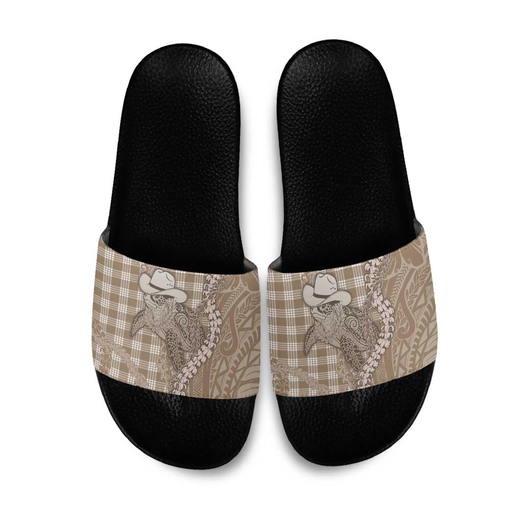 Beige Hawaii Palaka Cowboy Turtle Slide Sandals Hawaiian Paniolo Puakenikeni Maile Lei DT05 Beige - Polynesian Pride