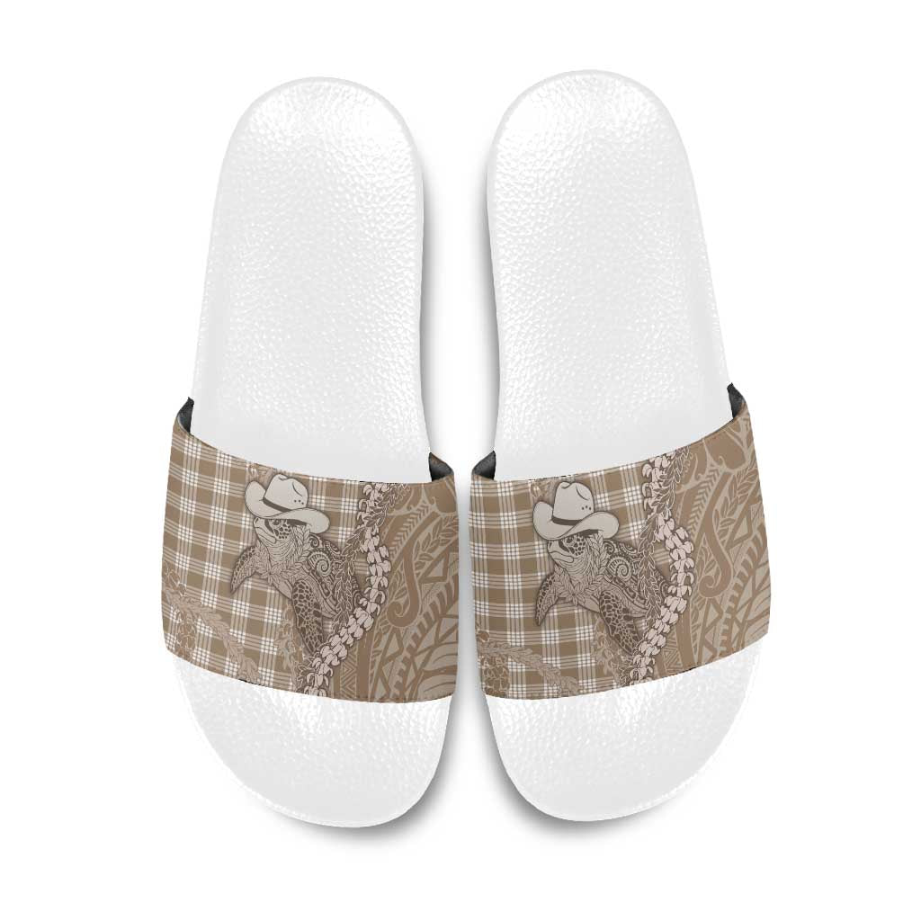 Beige Hawaii Palaka Cowboy Turtle Slide Sandals Hawaiian Paniolo Puakenikeni Maile Lei DT05 Beige - Polynesian Pride