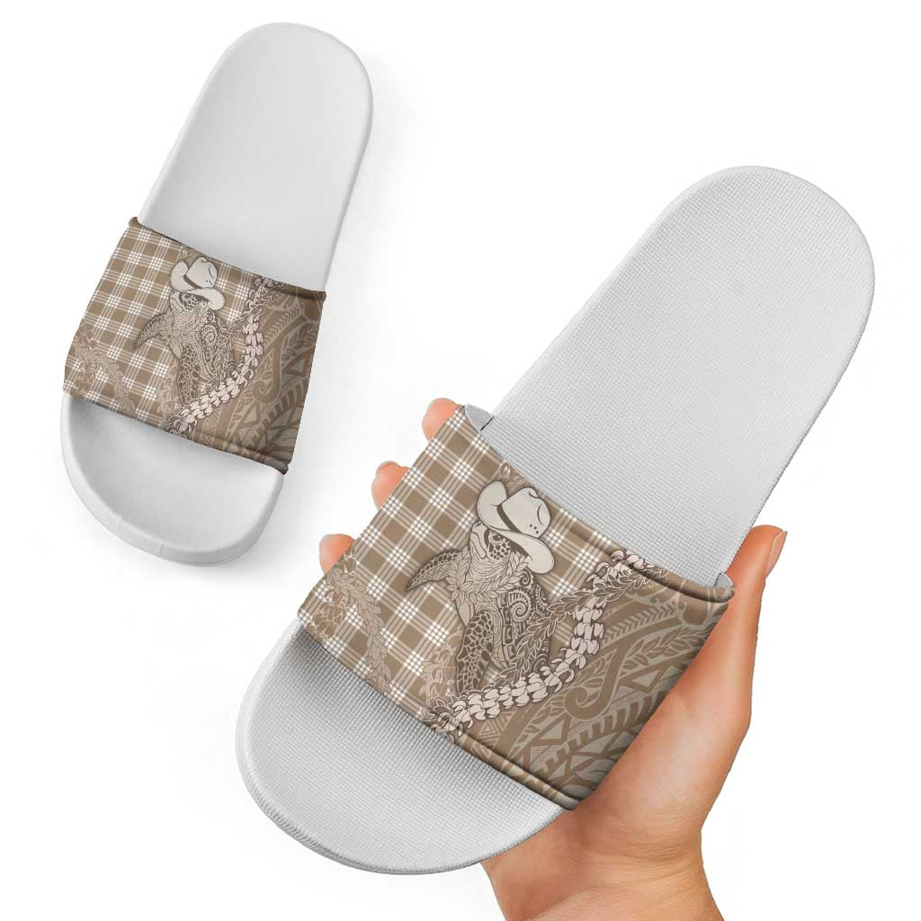 Beige Hawaii Palaka Cowboy Turtle Slide Sandals Hawaiian Paniolo Puakenikeni Maile Lei DT05 - Polynesian Pride