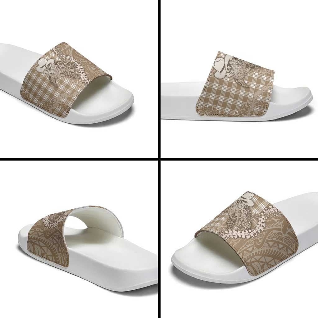 Beige Hawaii Palaka Cowboy Turtle Slide Sandals Hawaiian Paniolo Puakenikeni Maile Lei DT05 - Polynesian Pride