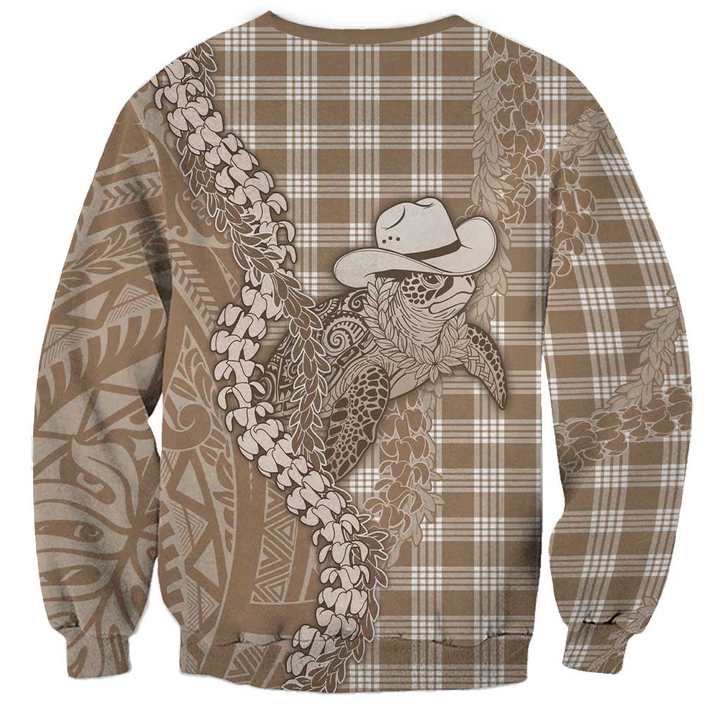 Beige Hawaii Palaka Cowboy Turtle Sweatshirt Hawaiian Paniolo Puakenikeni Maile Lei DT05 - Polynesian Pride