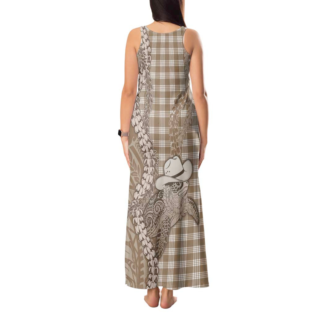 Beige Hawaii Palaka Cowboy Turtle Tank Maxi Dress Hawaiian Paniolo Puakenikeni Maile Lei - Polynesian Pride