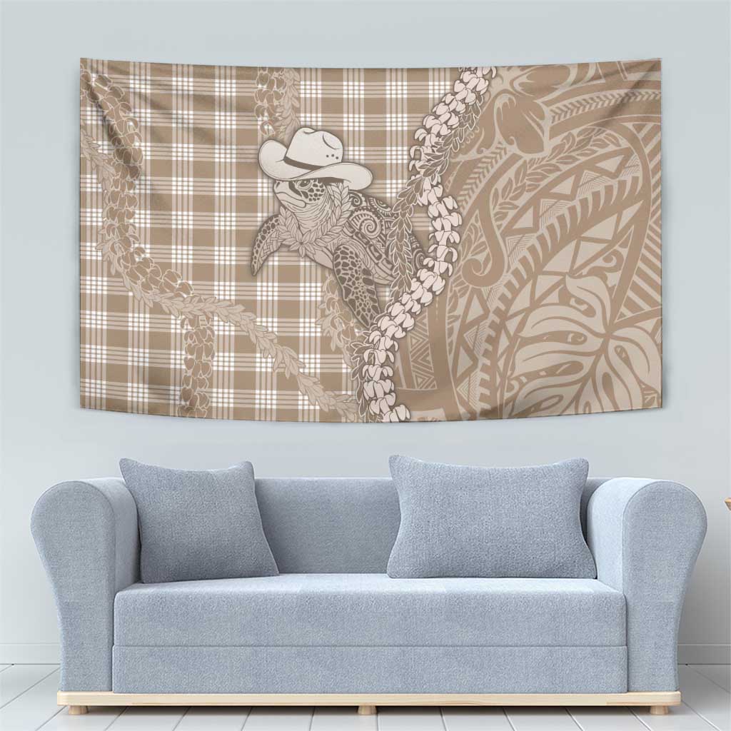 Beige Hawaii Palaka Cowboy Turtle Tapestry Hawaiian Paniolo Puakenikeni Maile Lei - Polynesian Pride