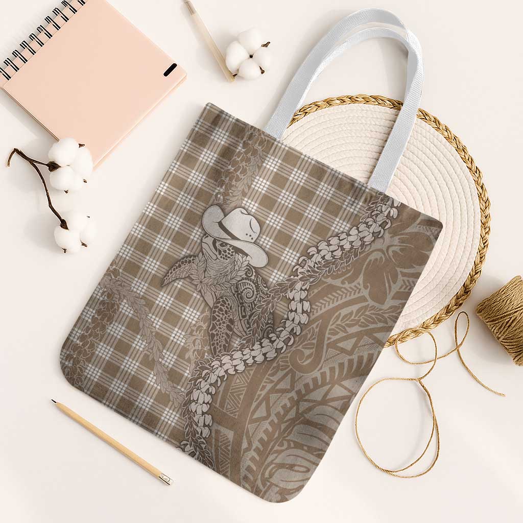 Beige Hawaii Palaka Cowboy Turtle Tote Bag Hawaiian Paniolo Puakenikeni Maile Lei - Polynesian Pride
