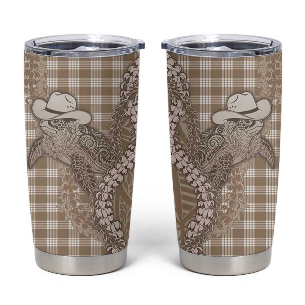 Beige Hawaii Palaka Cowboy Turtle Tumbler Cup Hawaiian Paniolo Puakenikeni Maile Lei - Polynesian Pride