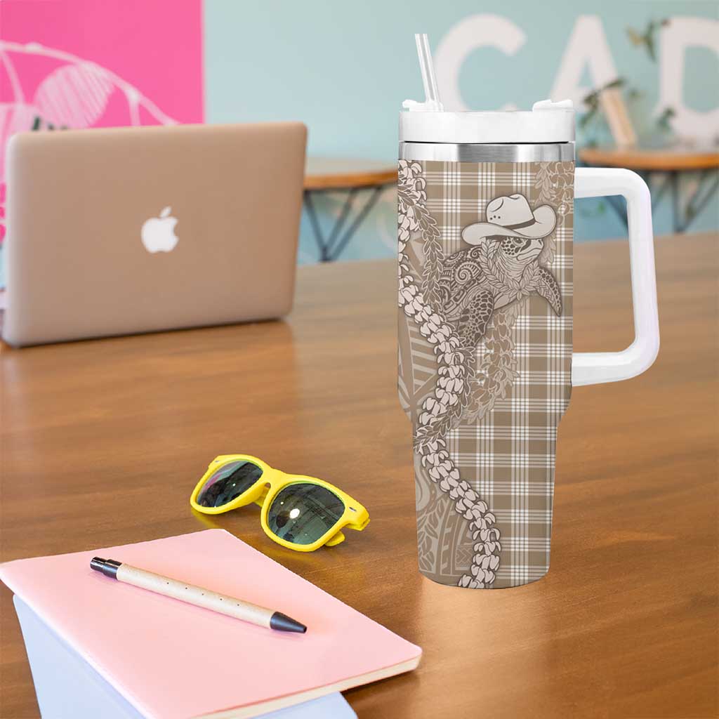 Beige Hawaii Palaka Cowboy Turtle Tumbler With Handle Hawaiian Paniolo Puakenikeni Maile Lei - Polynesian Pride