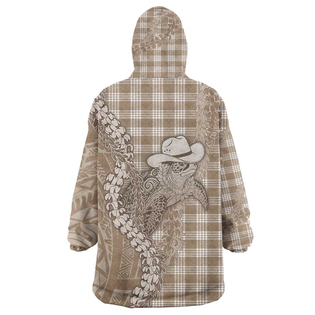 Beige Hawaii Palaka Cowboy Turtle Wearable Blanket Hoodie Hawaiian Paniolo Puakenikeni Maile Lei - Polynesian Pride