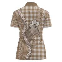 Beige Hawaii Palaka Cowboy Turtle Women Polo Shirt Hawaiian Paniolo Puakenikeni Maile Lei - Polynesian Pride