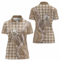 Beige Hawaii Palaka Cowboy Turtle Women Polo Shirt Hawaiian Paniolo Puakenikeni Maile Lei - Polynesian Pride