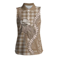 Beige Hawaii Palaka Cowboy Turtle Women Sleeveless Polo Shirt Hawaiian Paniolo Puakenikeni Maile Lei - Polynesian Pride