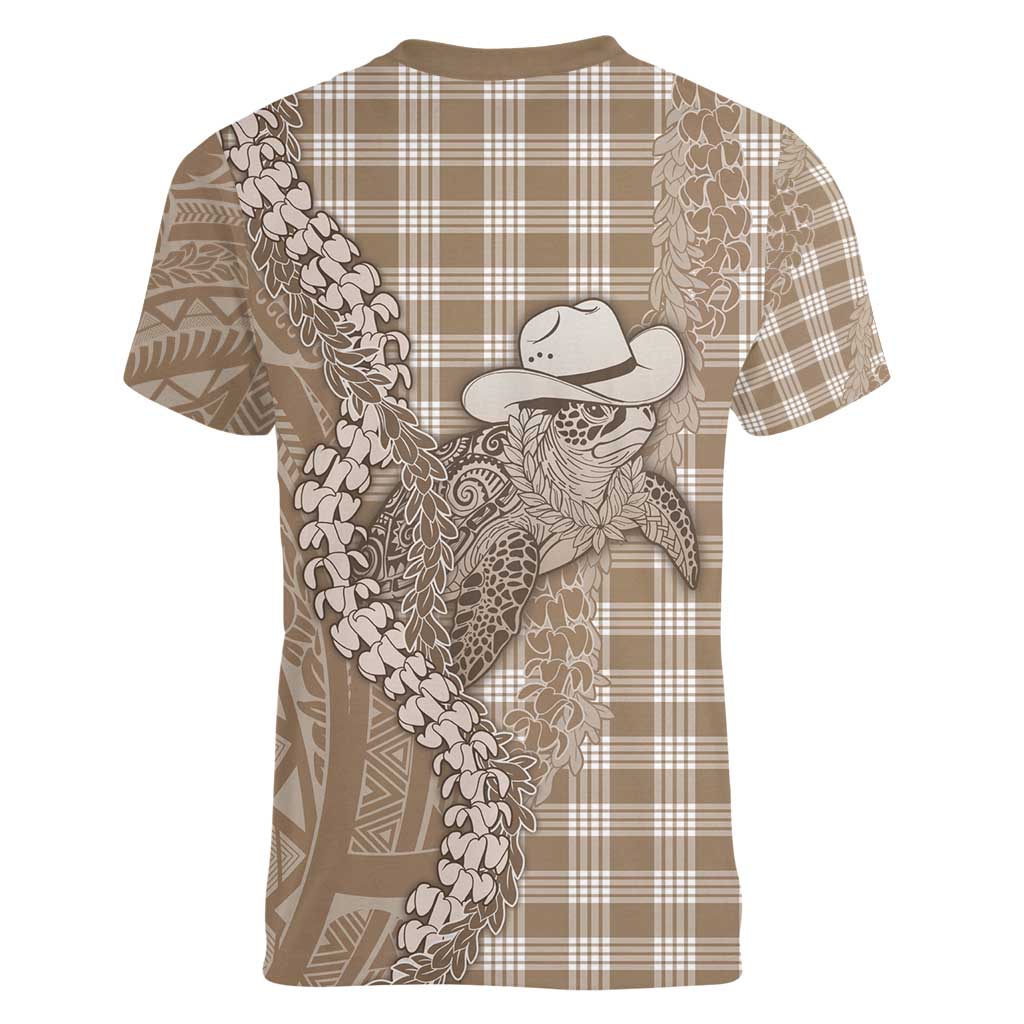 Beige Hawaii Palaka Cowboy Turtle Women V-Neck T-Shirt Hawaiian Paniolo Puakenikeni Maile Lei - Polynesian Pride