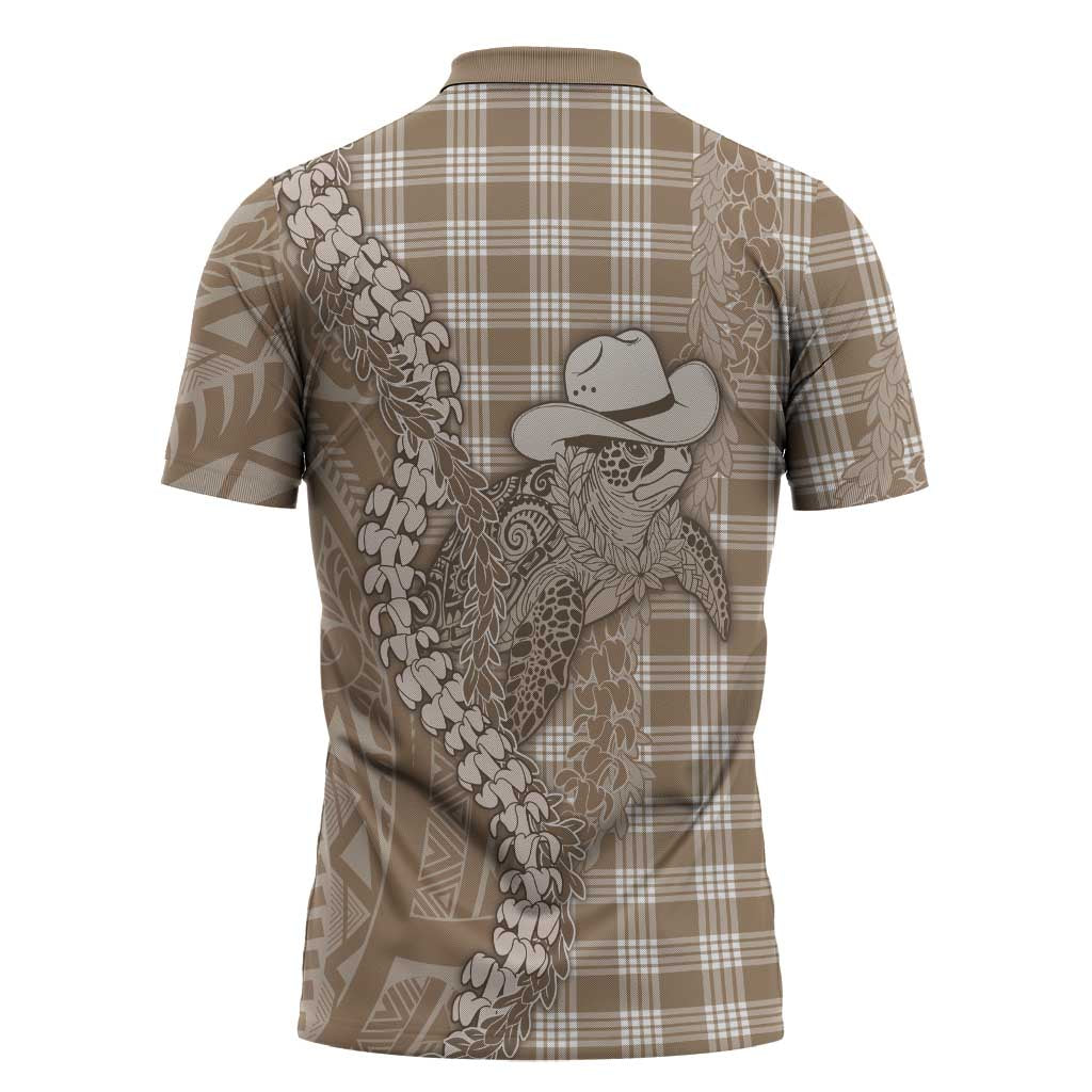 Beige Hawaii Palaka Cowboy Turtle Zipper Polo Shirt Hawaiian Paniolo Puakenikeni Maile Lei - Polynesian Pride