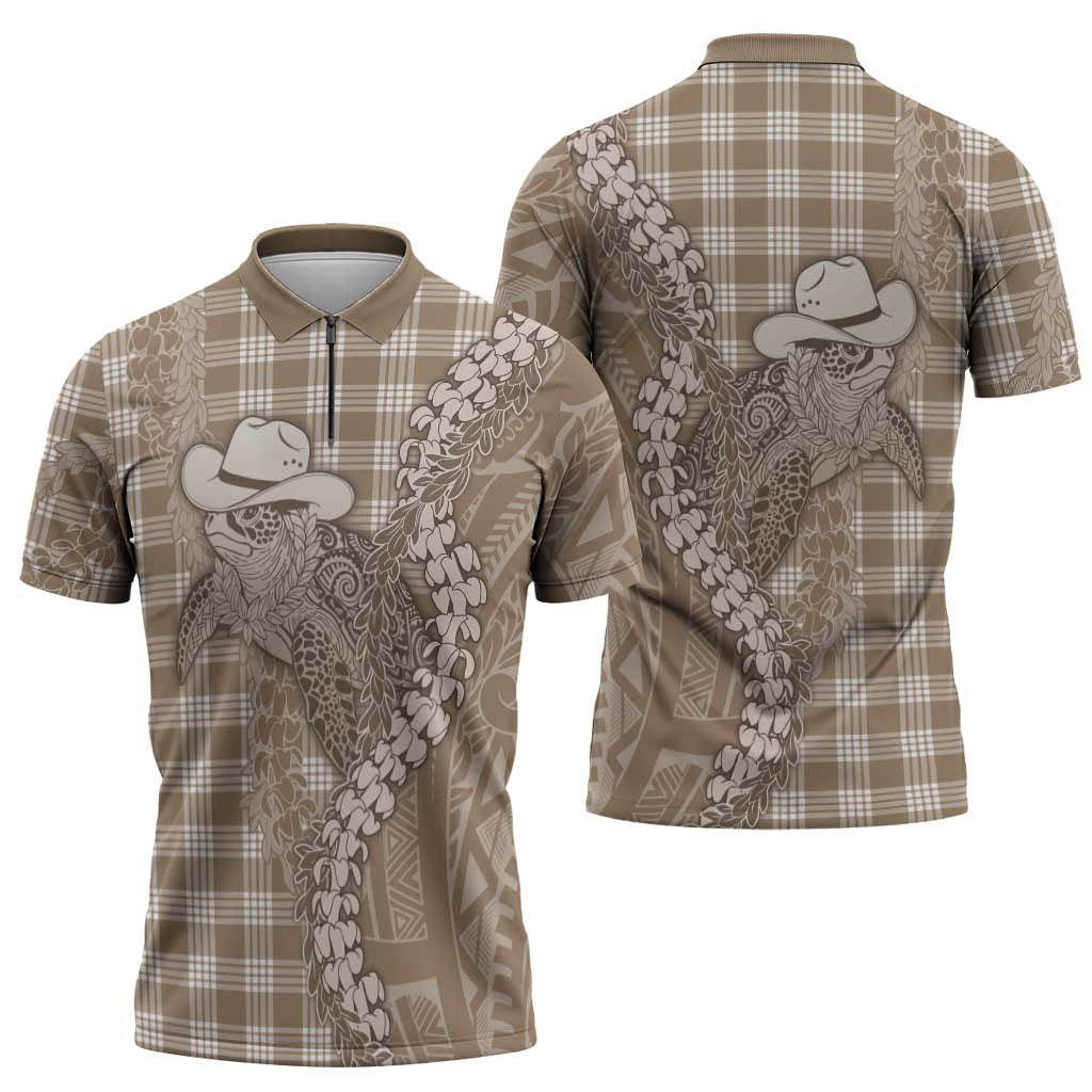 Beige Hawaii Palaka Cowboy Turtle Zipper Polo Shirt Hawaiian Paniolo Puakenikeni Maile Lei - Polynesian Pride