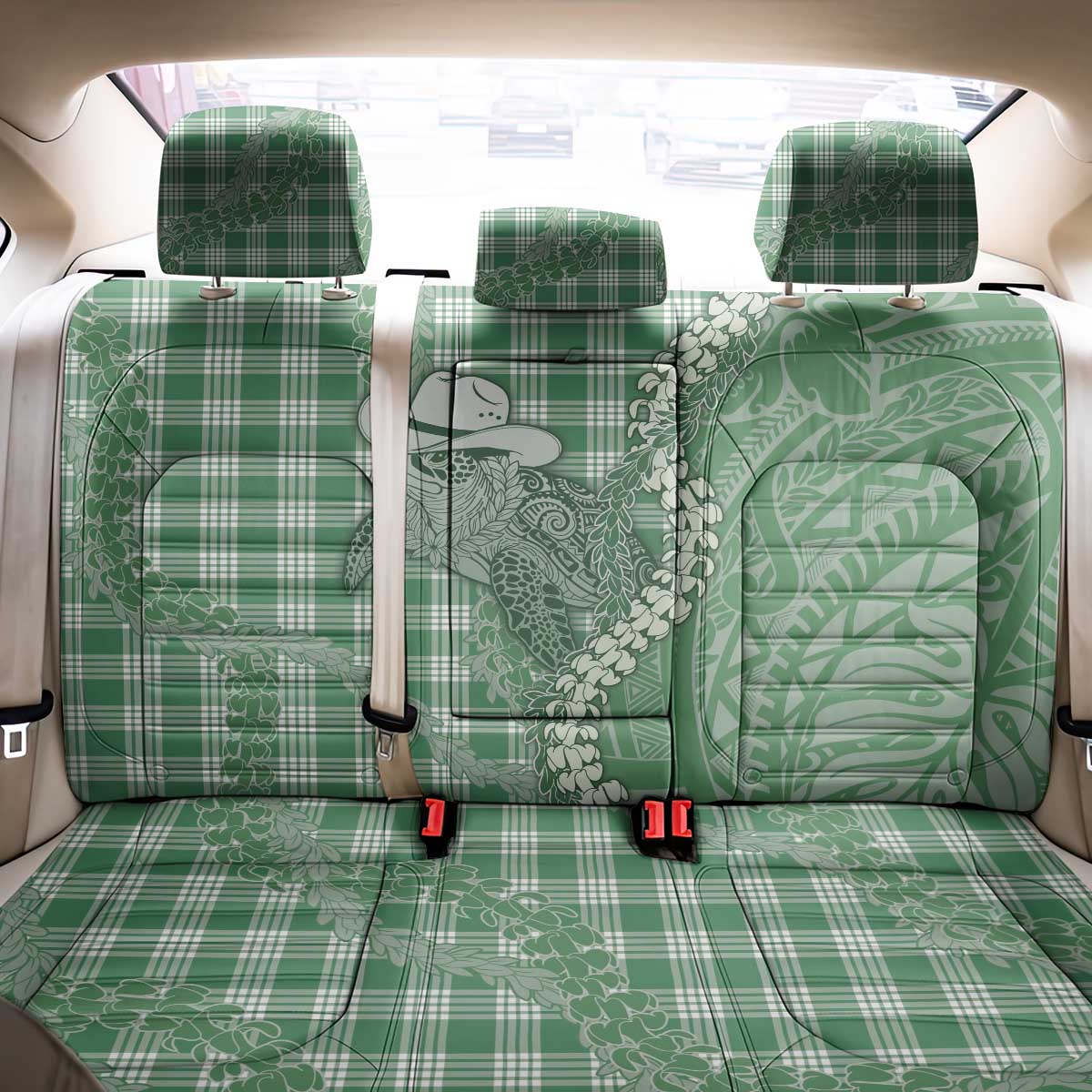 Green Hawaii Palaka Cowboy Turtle Back Car Seat Cover Hawaiian Paniolo Puakenikeni Maile Lei - Polynesian Pride