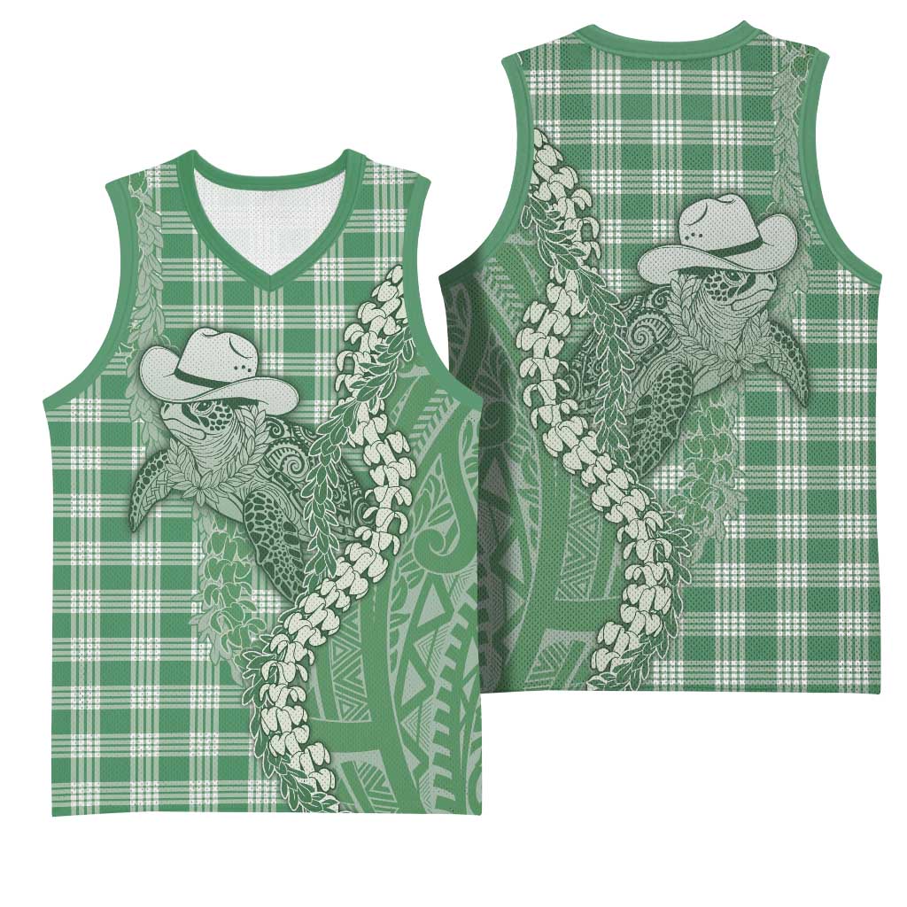 Green Hawaii Palaka Cowboy Turtle Basketball Jersey Hawaiian Paniolo Puakenikeni Maile Lei - Polynesian Pride