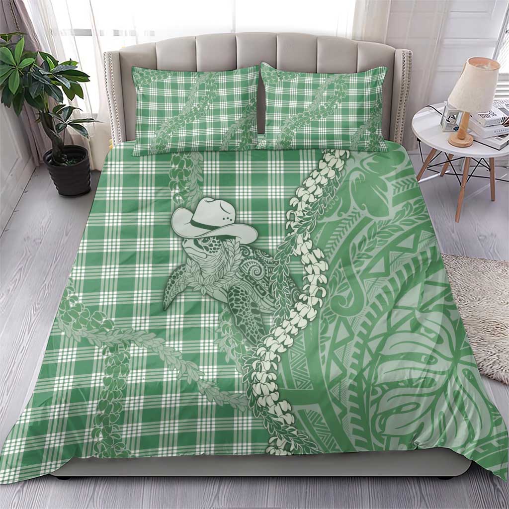 Green Hawaii Palaka Cowboy Turtle Bedding Set Hawaiian Paniolo Puakenikeni Maile Lei - Polynesian Pride