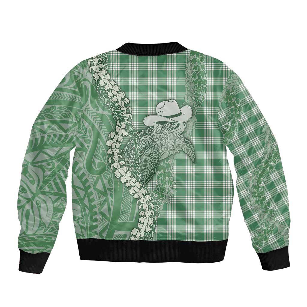 Green Hawaii Palaka Cowboy Turtle Bomber Jacket Hawaiian Paniolo Puakenikeni Maile Lei DT05 - Polynesian Pride