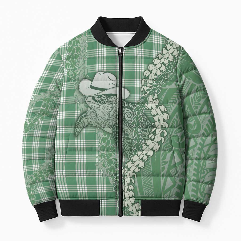 Green Hawaii Palaka Cowboy Turtle Bomber Puffer Jacket Hawaiian Paniolo Puakenikeni Maile Lei - Polynesian Pride