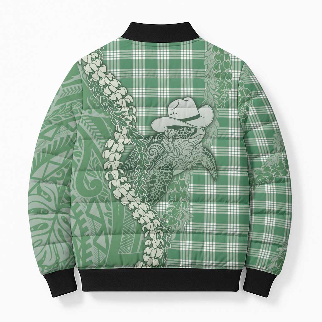 Green Hawaii Palaka Cowboy Turtle Bomber Puffer Jacket Hawaiian Paniolo Puakenikeni Maile Lei - Polynesian Pride